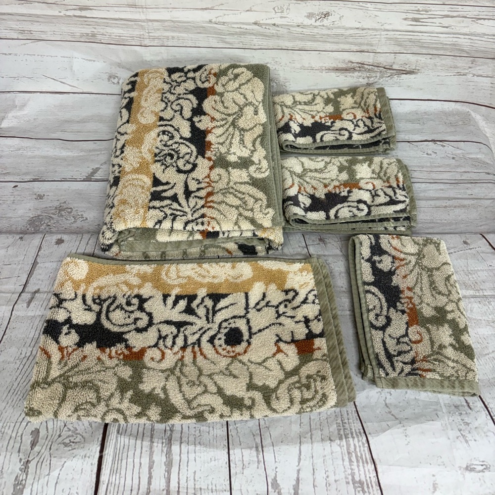 Vintage Luxury Springmaid 5 Piece Towel wash cloth Set Floral Stripe 100% Cotton